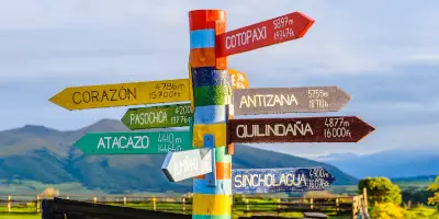 Mai multe indicatoare de orase, cu distante pe ele, colorate, catre diverse directii