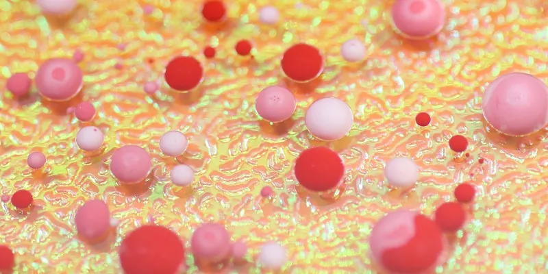 Globule albe și rosii dispersate pe un suport artificial, marite si vazute de aproape