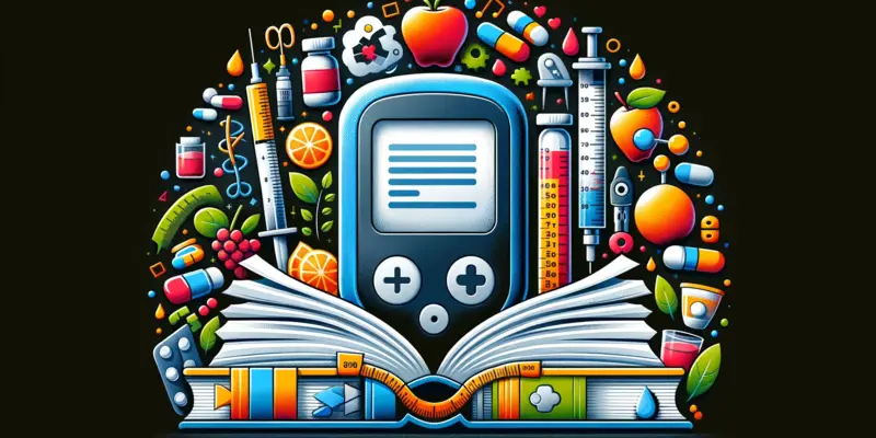 Un glucometru în centru. Alături, elemente vizuale sugerează o dietă echilibrată și activitate fizică regulată, esențiale în managementul diabetului, pe un fundal negru.