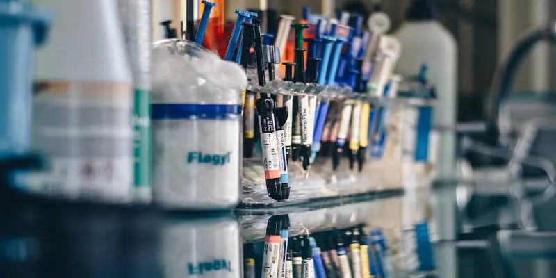 Mai multe eprubete cu sange pe un stativ, usor neclar si o cutie cu vata